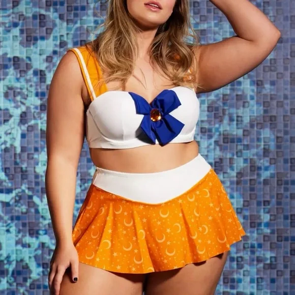 Hot Topic Sailor Moon Sailor Venus Cosplay Top & Skirted Bottoms Swimsuit SET 2X - Picture 10 of 16